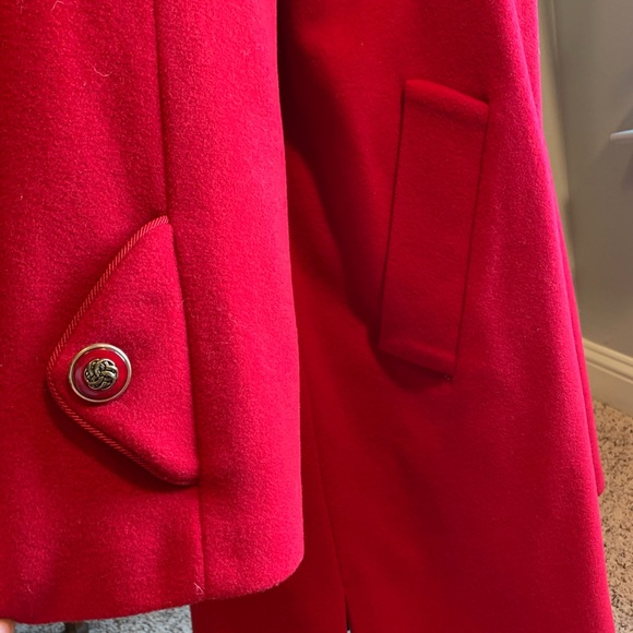 Dennis Basso Red Wool Cashmere Blend Coat Faux Fur Hood with Scarf Size Medium - Picture 4 of 12